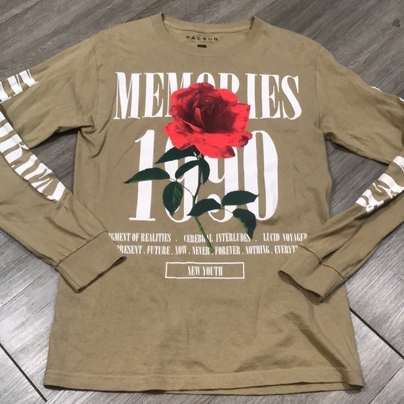 PACSun “Memories Forever” Khaki Long Sleeve Screen Print T-Shirt size S - Picture 3 of 6